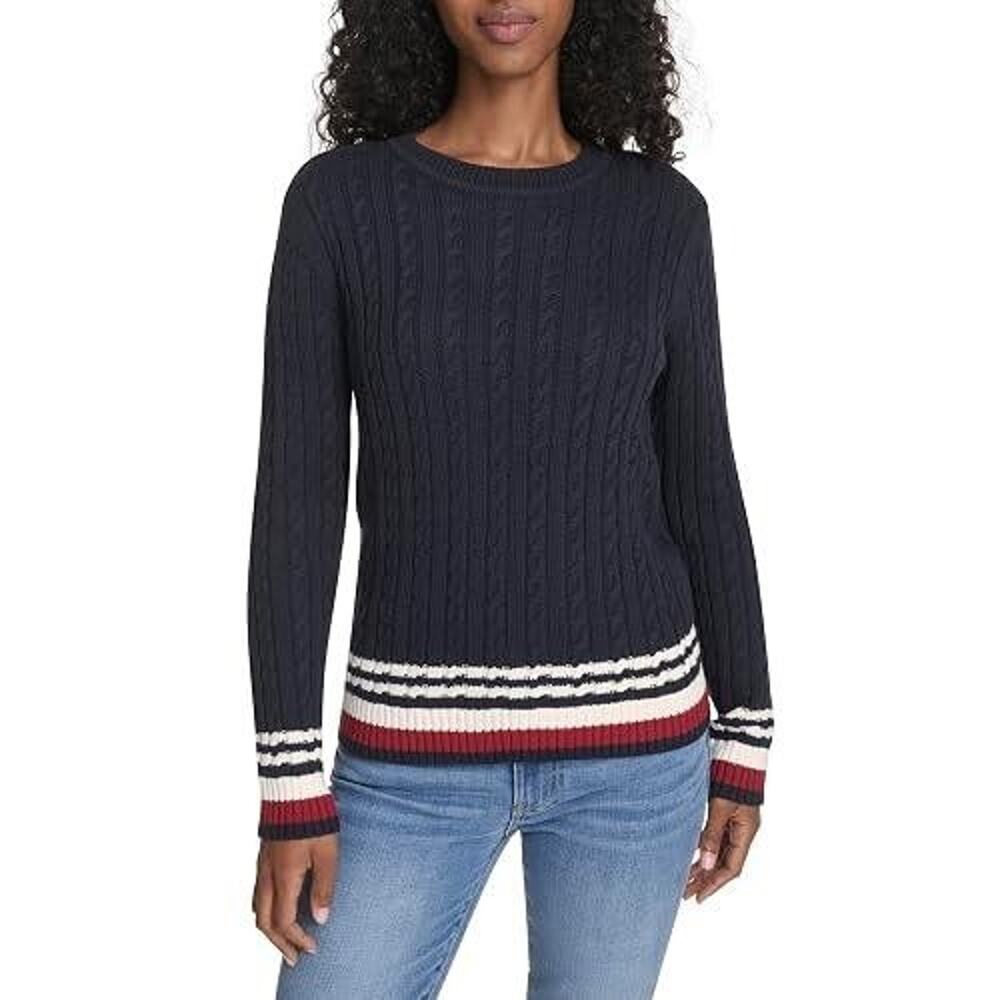 Tommy Hilfiger Sweater Womens 2XL Navy Blue Cable Knit Striped Hem Preppy NWT
